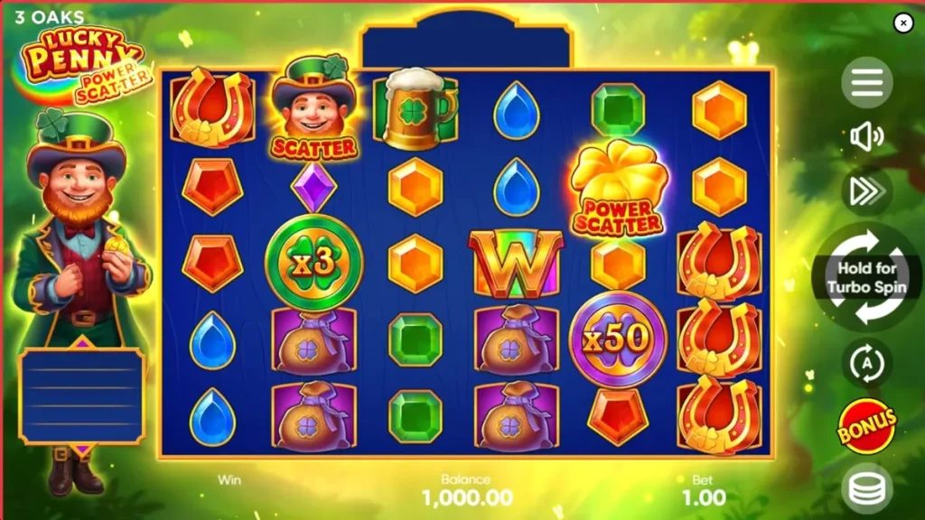 Leprechaun e floresta encantada no slot Lucky Penny Power Scatter