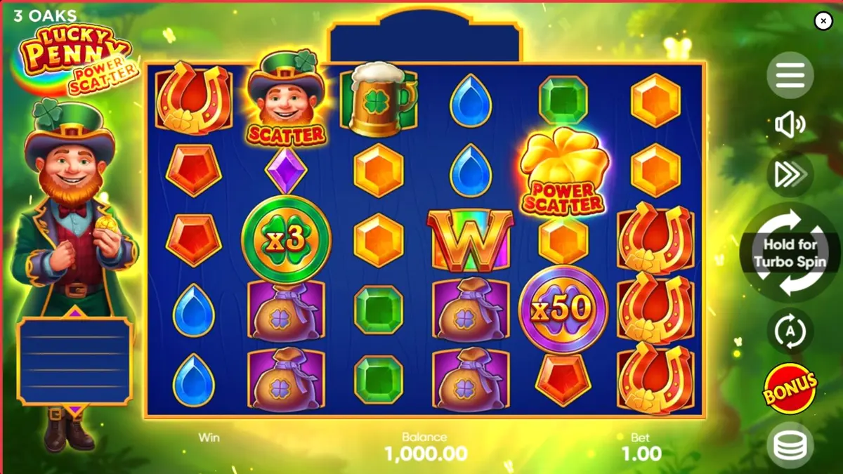 Leprechaun e floresta encantada no slot Lucky Penny Power Scatter
