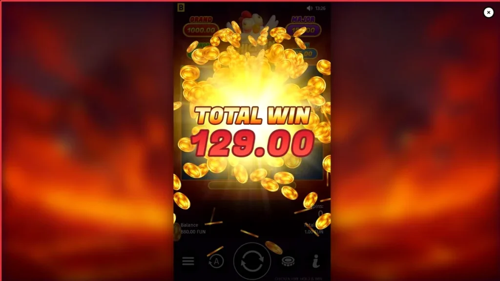 Interface do slot Chicken Fire com símbolos de frutas e galinhas animadas