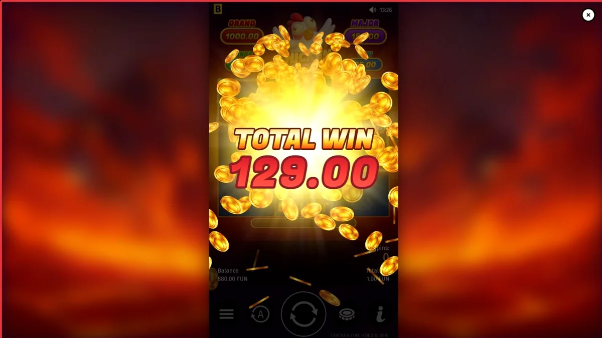 Interface do slot Chicken Fire com símbolos de frutas e galinhas animadas